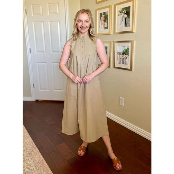 Banana Republic Size L Sleeveless Button Front Shirt Dress Tan Minimalist Midi - Picture 2 of 6